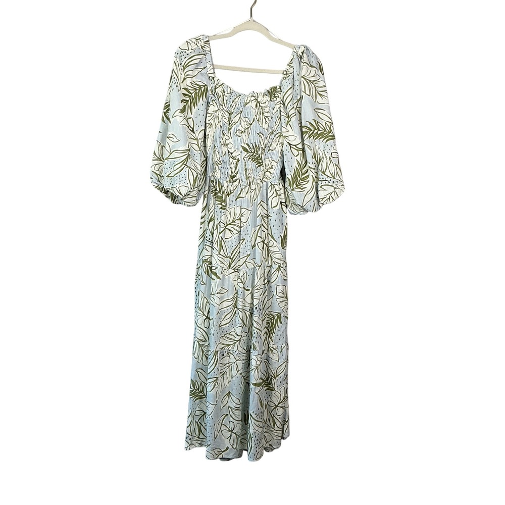 Karlie Tropical Leaf Smocked Puff Sleeve Cutout Back Maxi Dress Blue Green